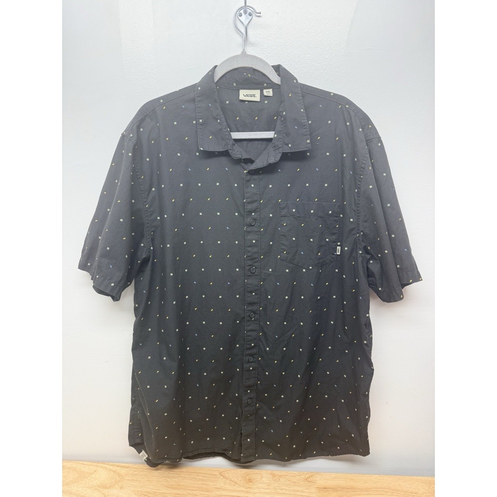 Vans Button Up Shirt Mens XXL Black Micro Print Short‎ Sleeve Pocket #67